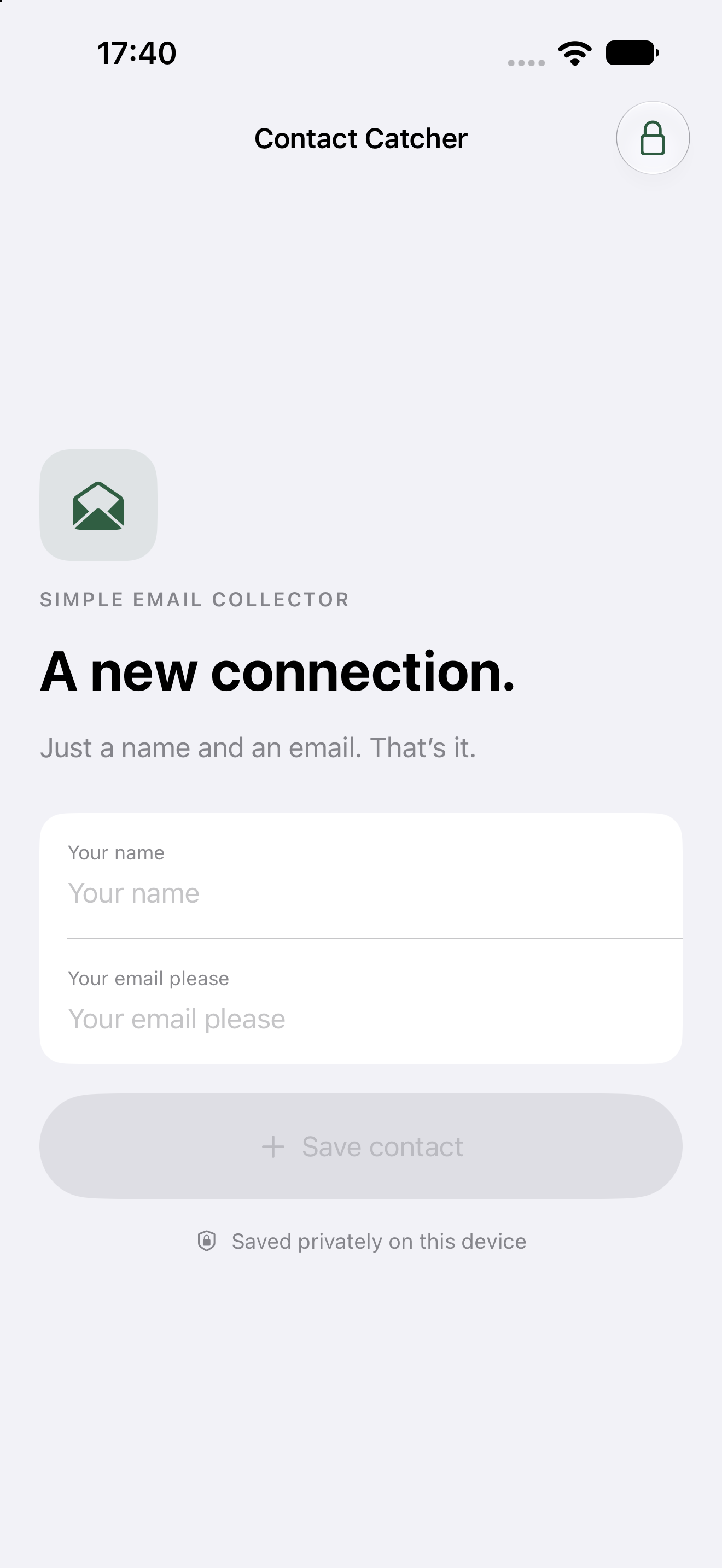 Contact Catcher’s simple name and email collection screen on iPhone